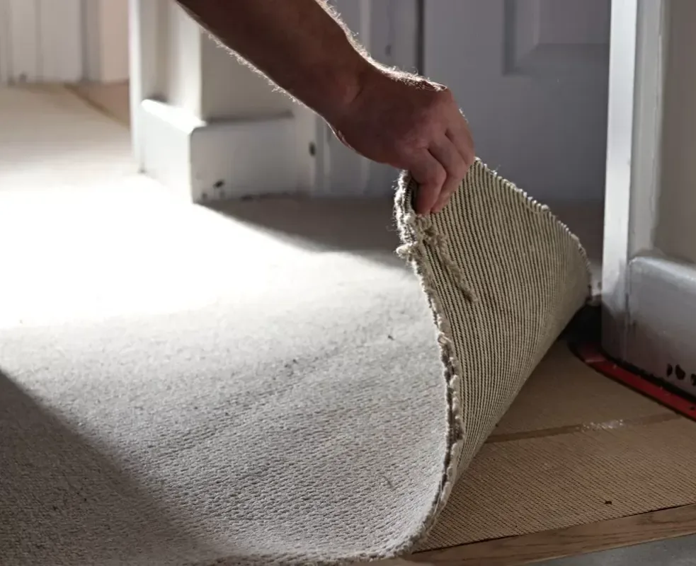 Carpet being pulled back to expose the odor source underneath